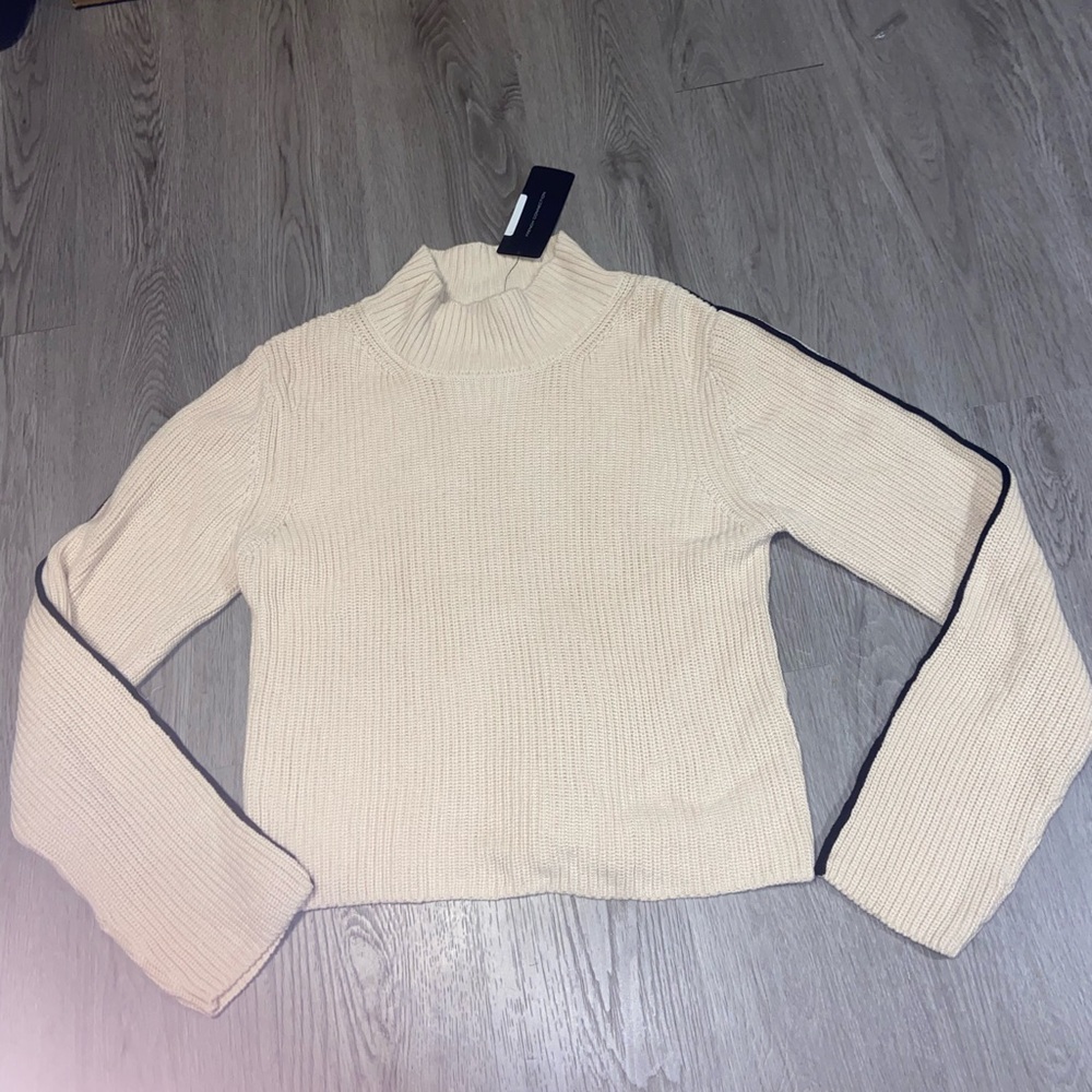 Cream Ribbed Turtleneck Sweater with Black Stripe